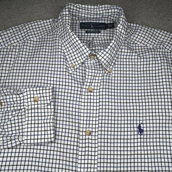 Ralph Lauren Shirt Mens Large White Black Blue Grid Plaid Check Classic Fit L - Picture 1 of 11